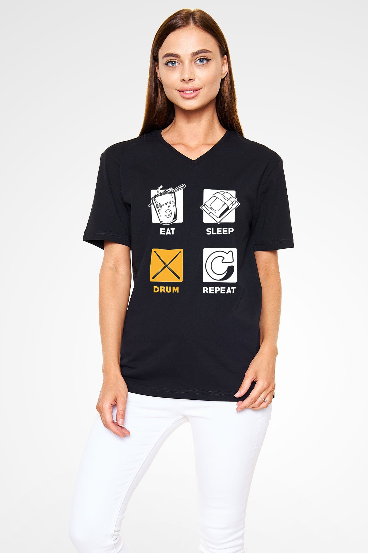 Bateri Baskılı Unisex Siyah V Yaka Tişört - Tshirt