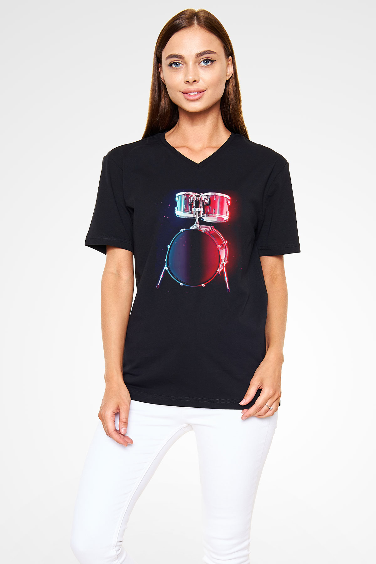 Bateri Baskılı Unisex Siyah V Yaka Tişört - Tshirt