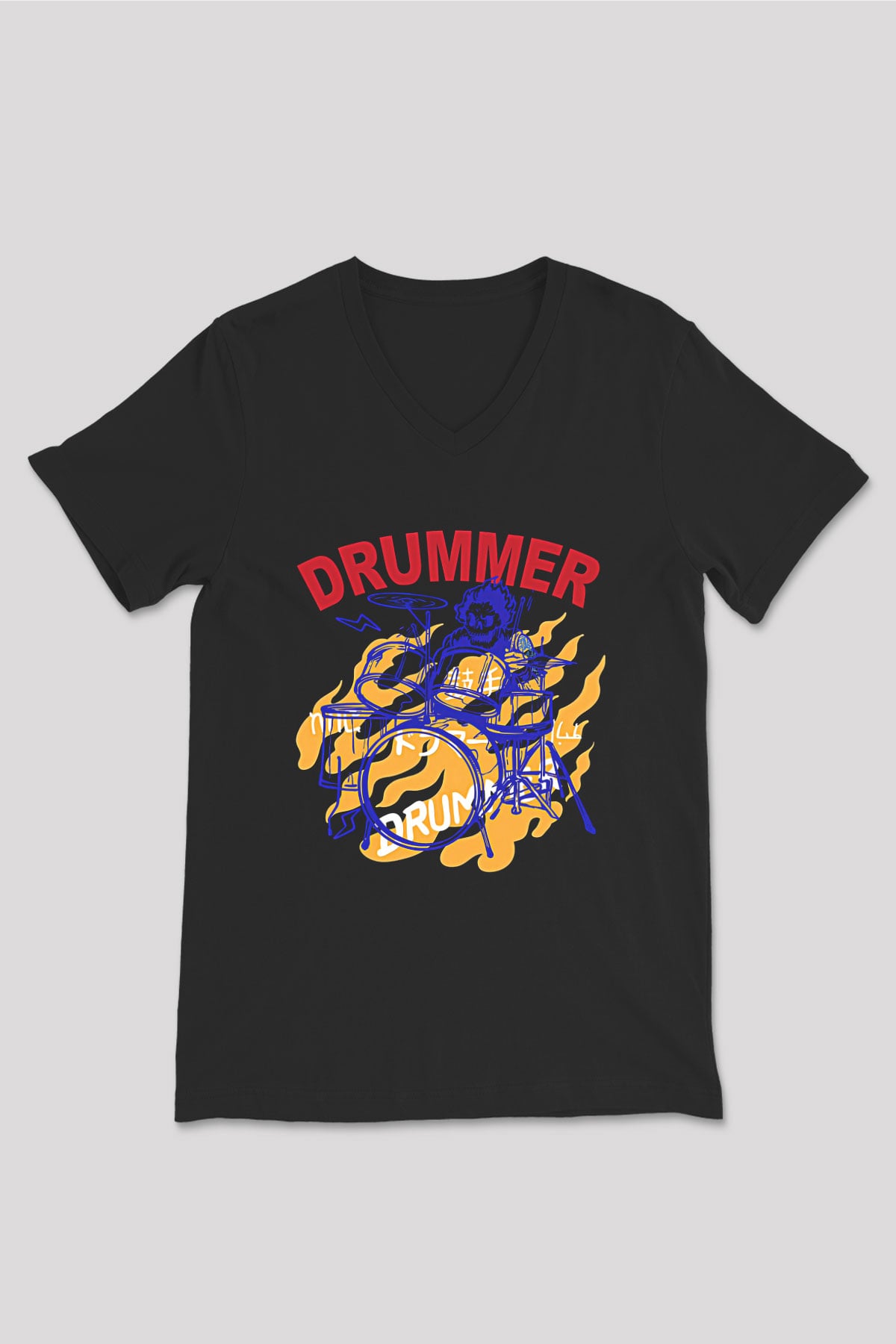 Bateri Baskılı Unisex Siyah V Yaka Tişört - Tshirt
