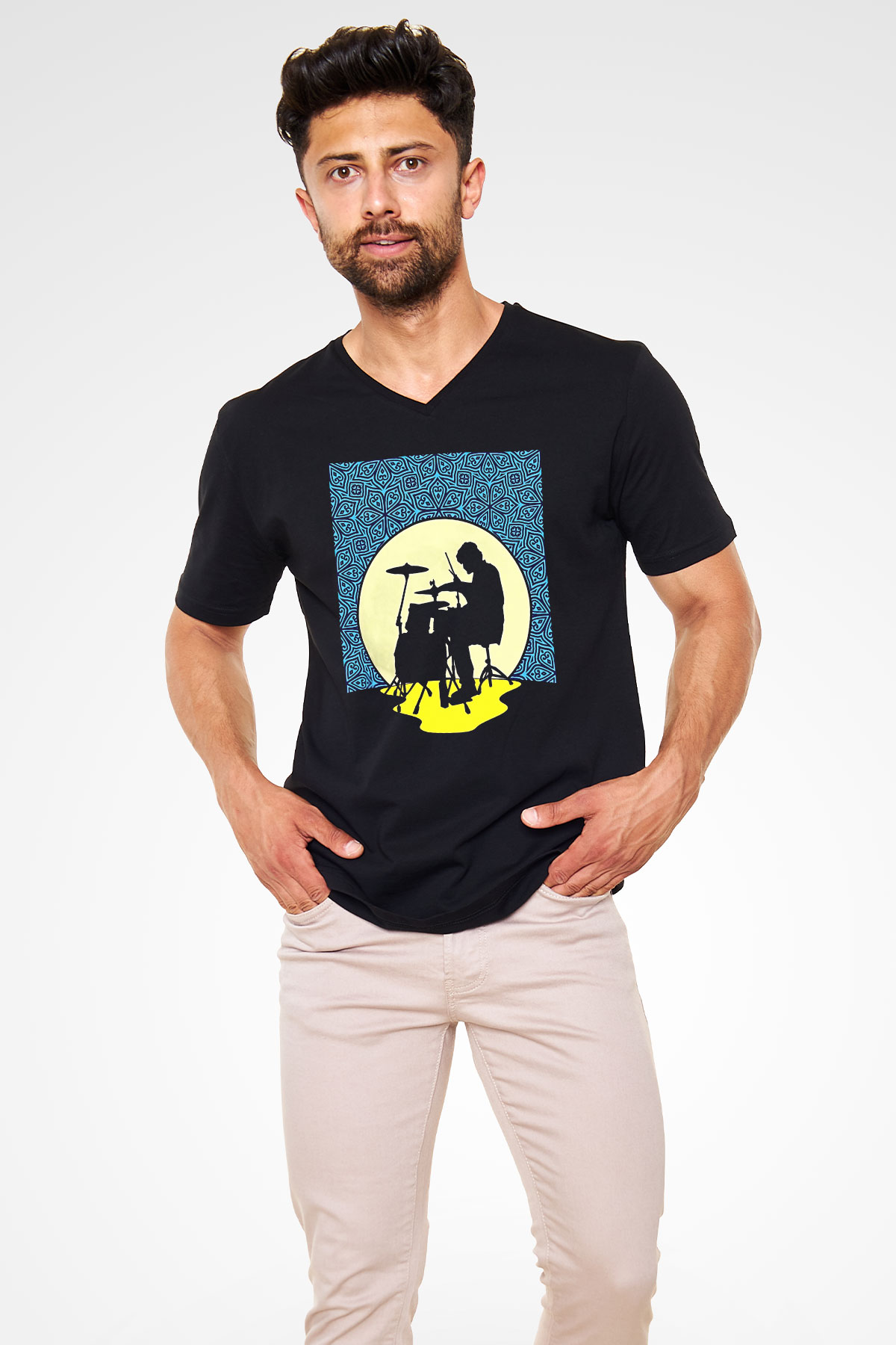 Bateri Baskılı Unisex Siyah V Yaka Tişört - Tshirt