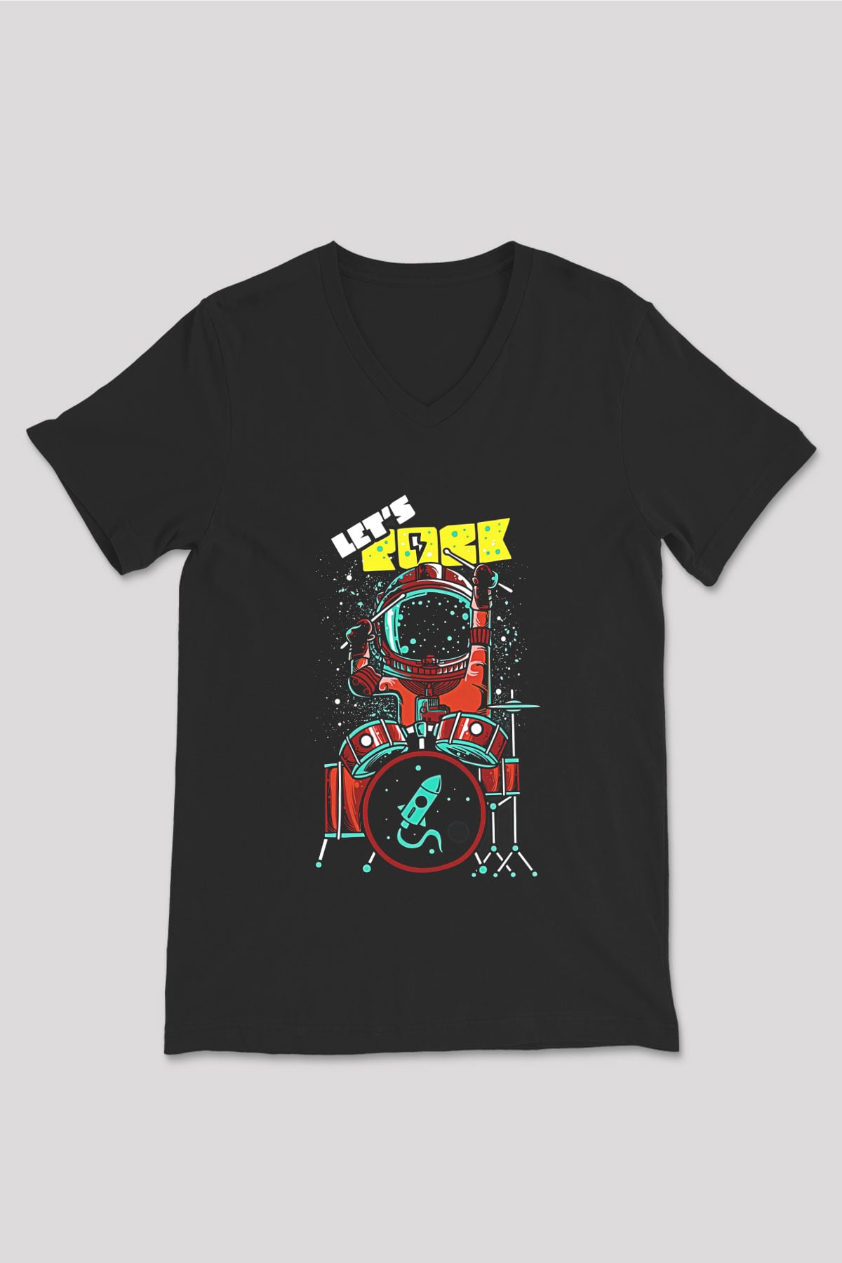 Bateri Baskılı Unisex Siyah V Yaka Tişört - Tshirt