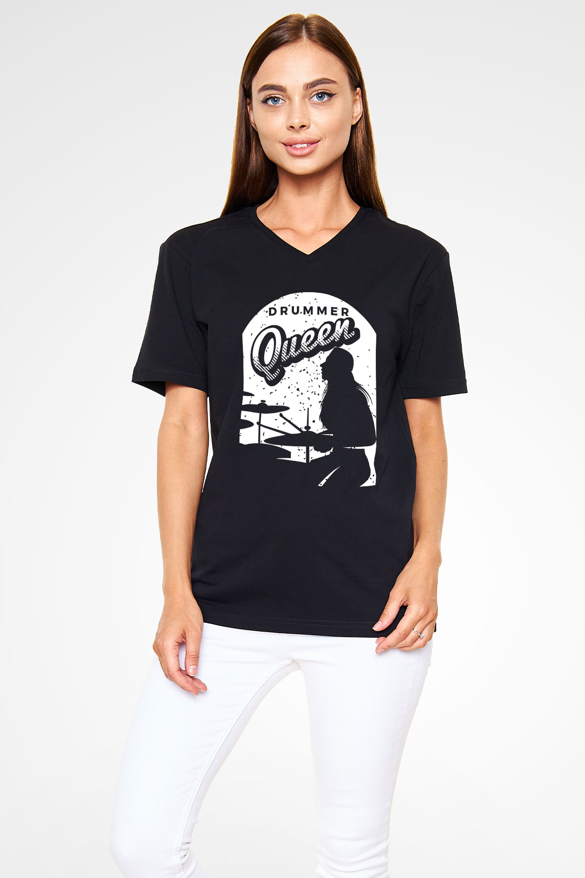 Bateri Baskılı Unisex Siyah V Yaka Tişört - Tshirt