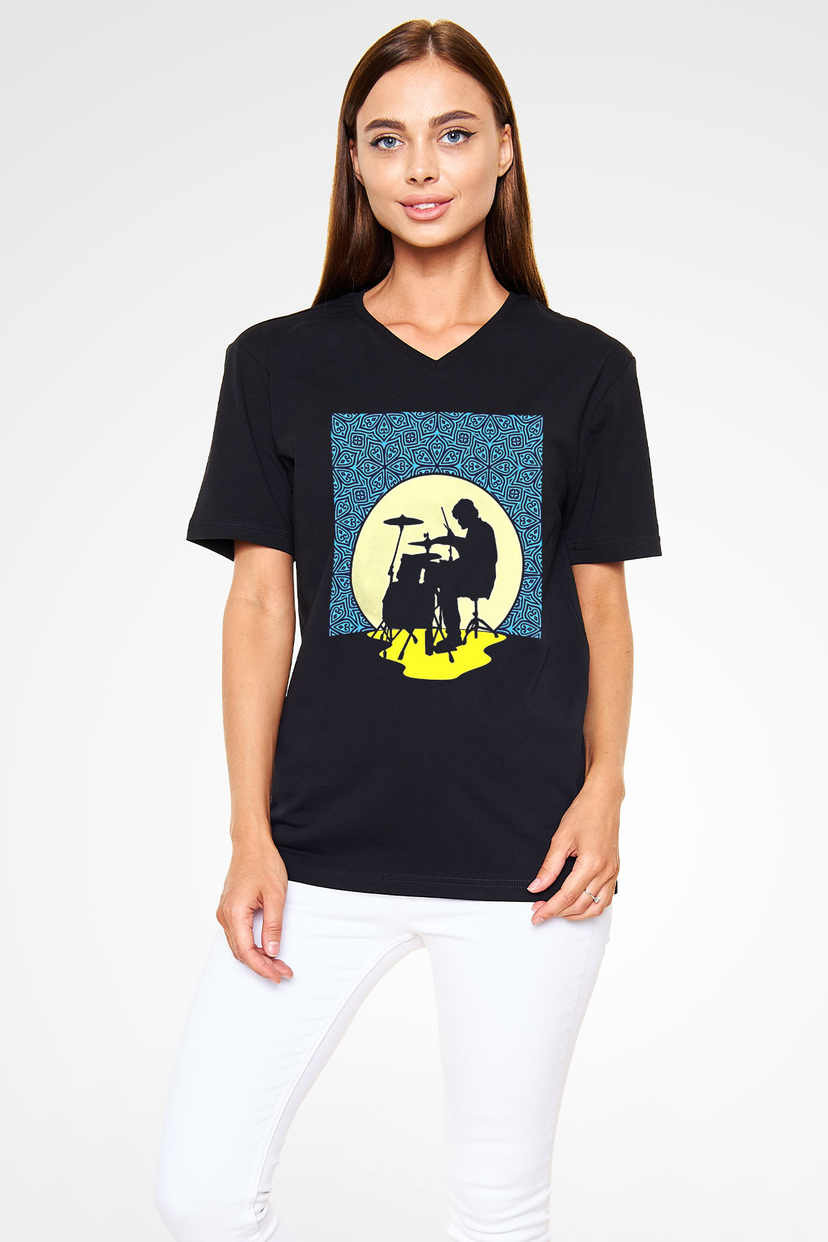 Bateri Baskılı Unisex Siyah V Yaka Tişört - Tshirt