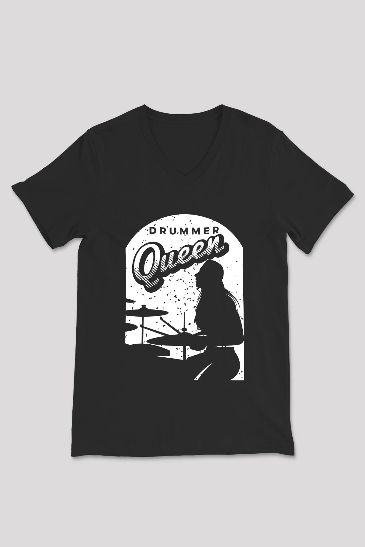 Bateri Baskılı Unisex Siyah V Yaka Tişört - Tshirt