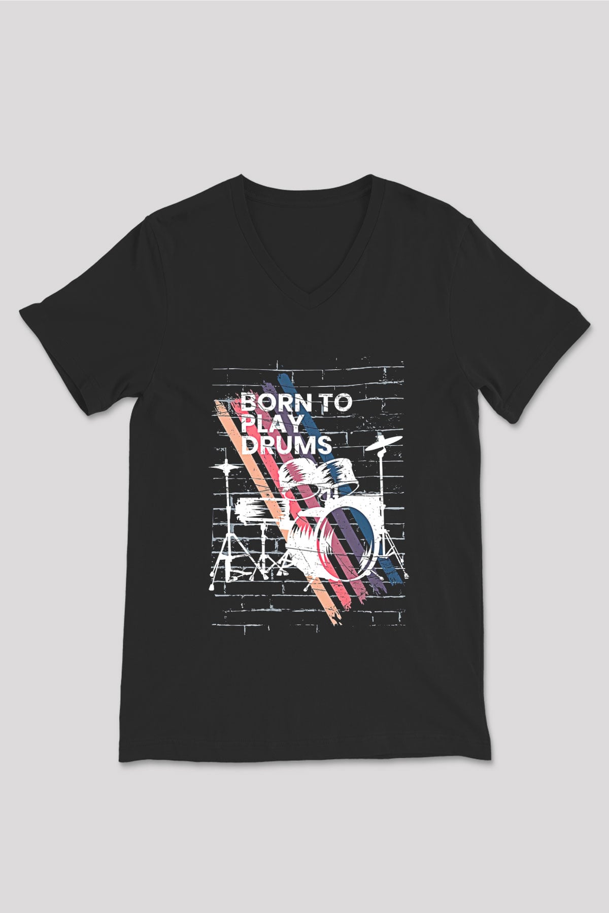 Bateri Baskılı Unisex Siyah V Yaka Tişört - Tshirt