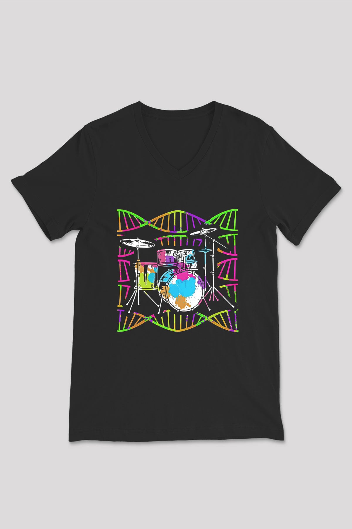 Bateri Baskılı Unisex Siyah V Yaka Tişört - Tshirt