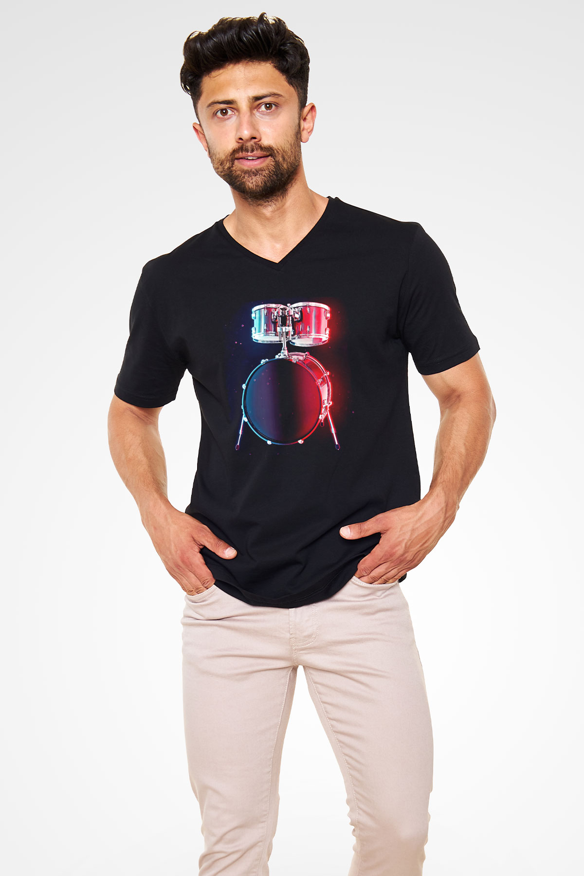 Bateri Baskılı Unisex Siyah V Yaka Tişört - Tshirt