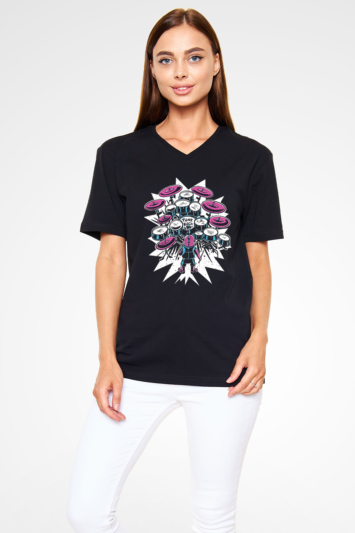 Bateri Baskılı Unisex Siyah V Yaka Tişört - Tshirt