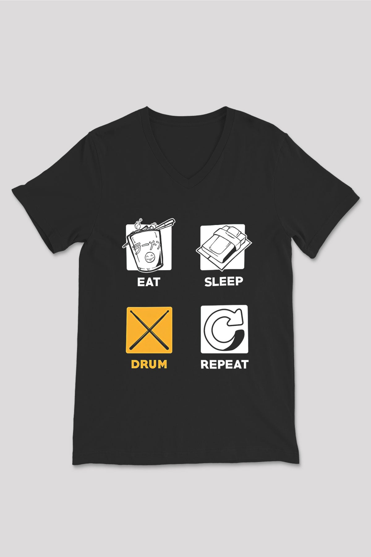 Bateri Baskılı Unisex Siyah V Yaka Tişört - Tshirt