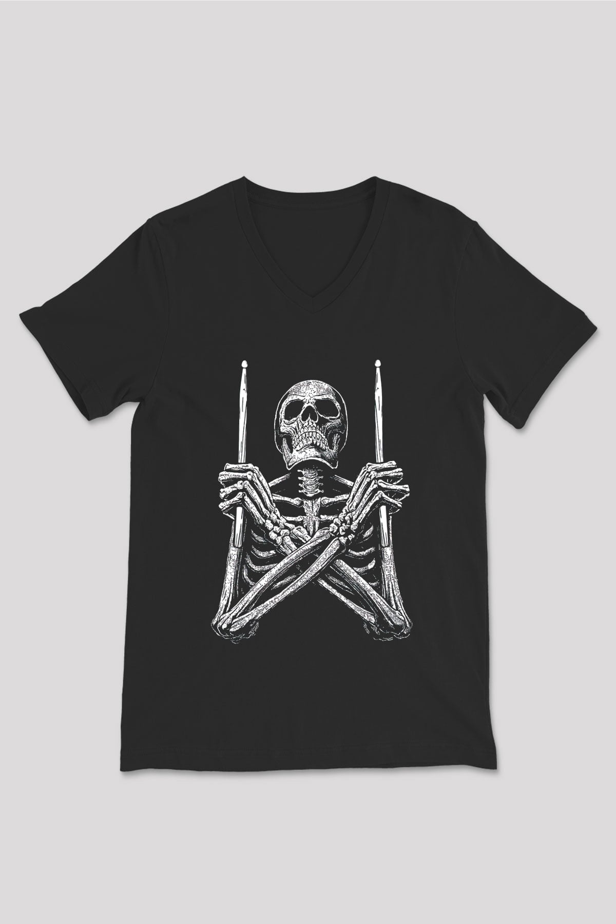 Bateri Baskılı Unisex Siyah V Yaka Tişört - Tshirt