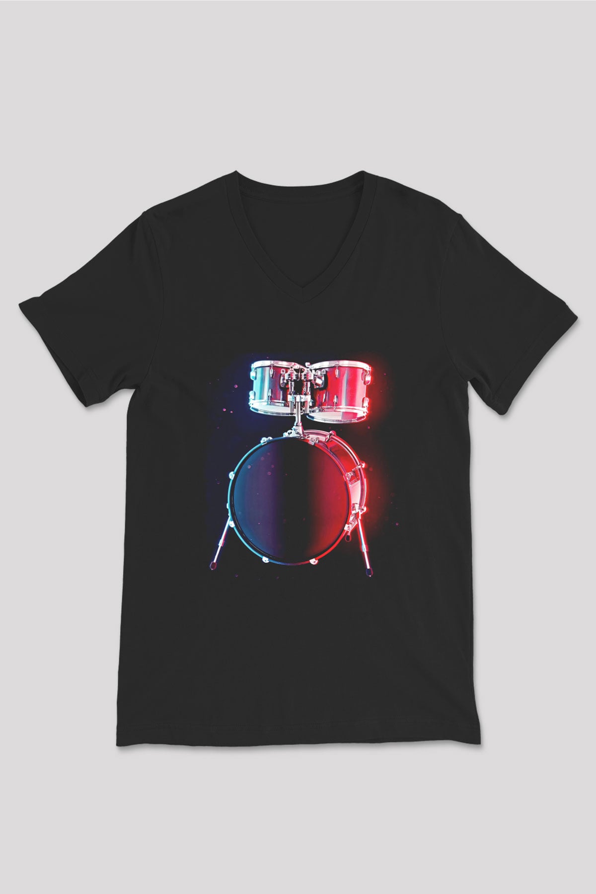 Bateri Baskılı Unisex Siyah V Yaka Tişört - Tshirt