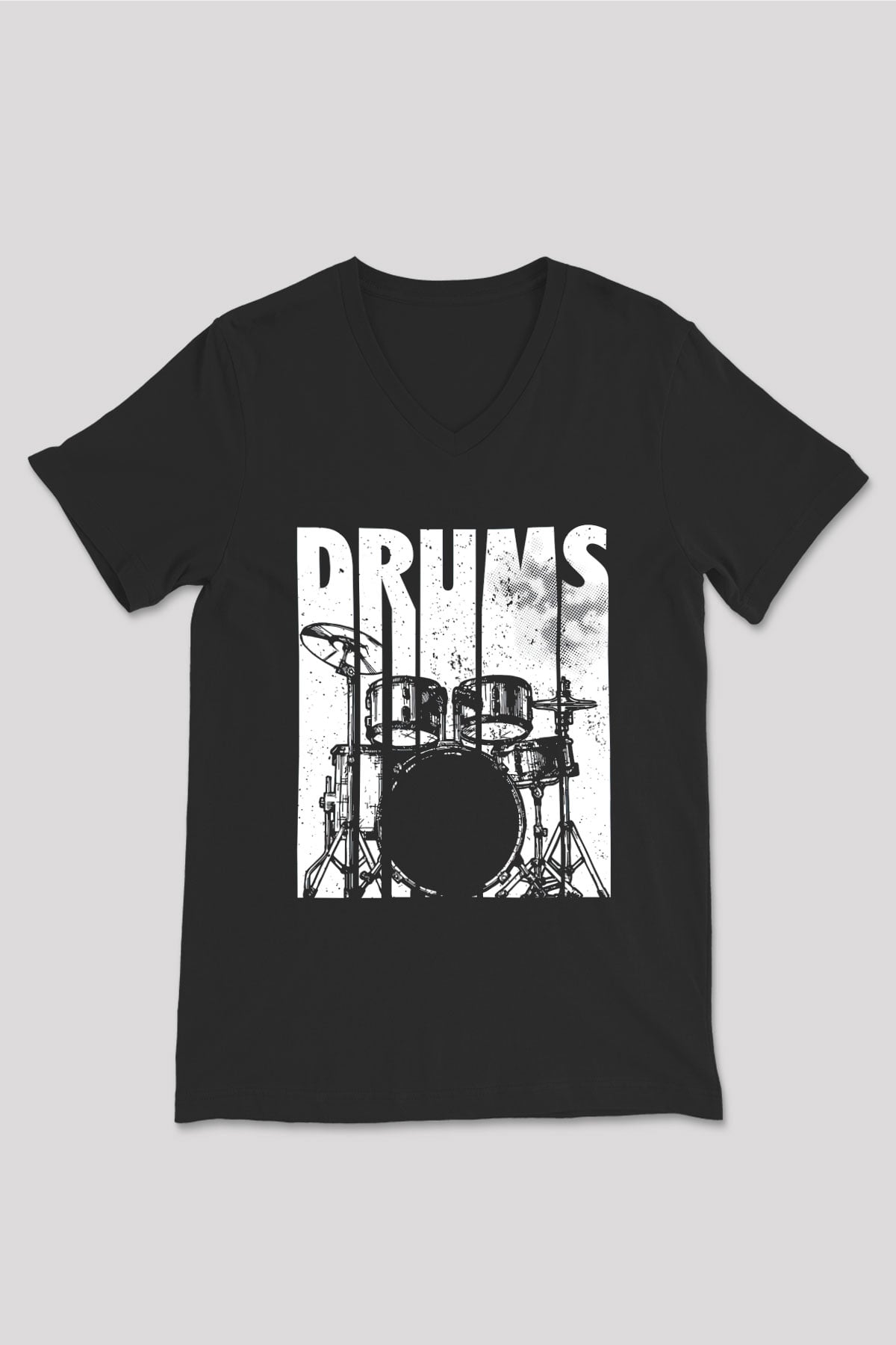 Bateri Baskılı Unisex Siyah V Yaka Tişört - Tshirt