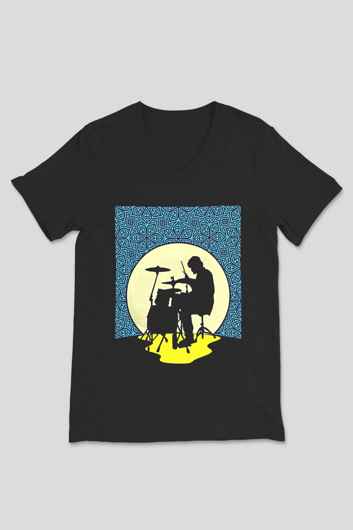 Bateri Baskılı Unisex Siyah V Yaka Tişört - Tshirt