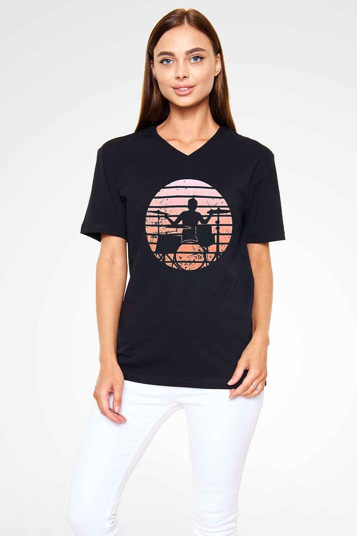Bateri Baskılı Unisex Siyah V Yaka Tişört - Tshirt