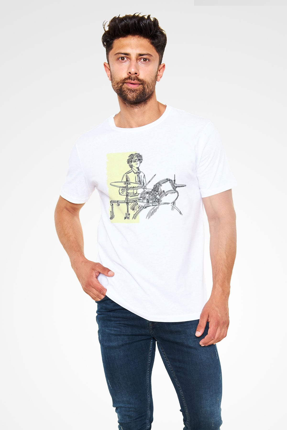 Bateri Unisex Baskılı Beyaz Tişört - Tshirt