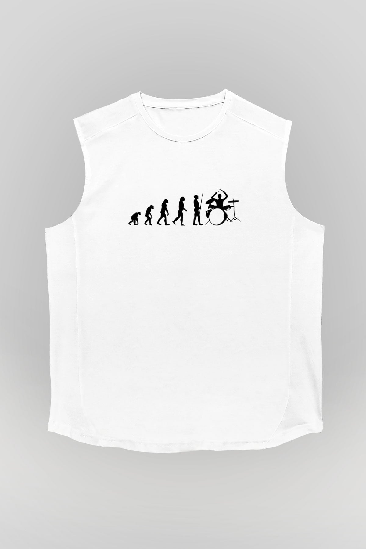 Baterist Evrimi Baskılı Unisex Kolsuz Beyaz Tişört - Tshirt