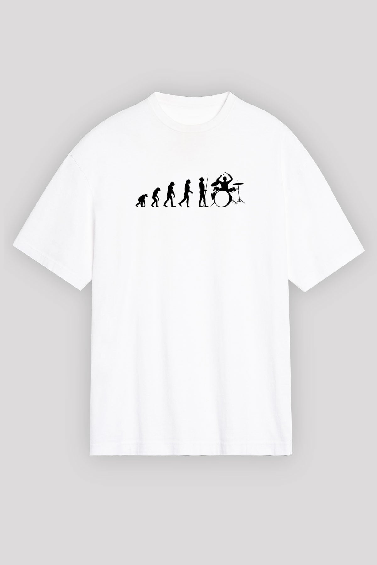 Baterist Evrimi Baskılı Unisex Oversize Beyaz Tişört - Tshirt