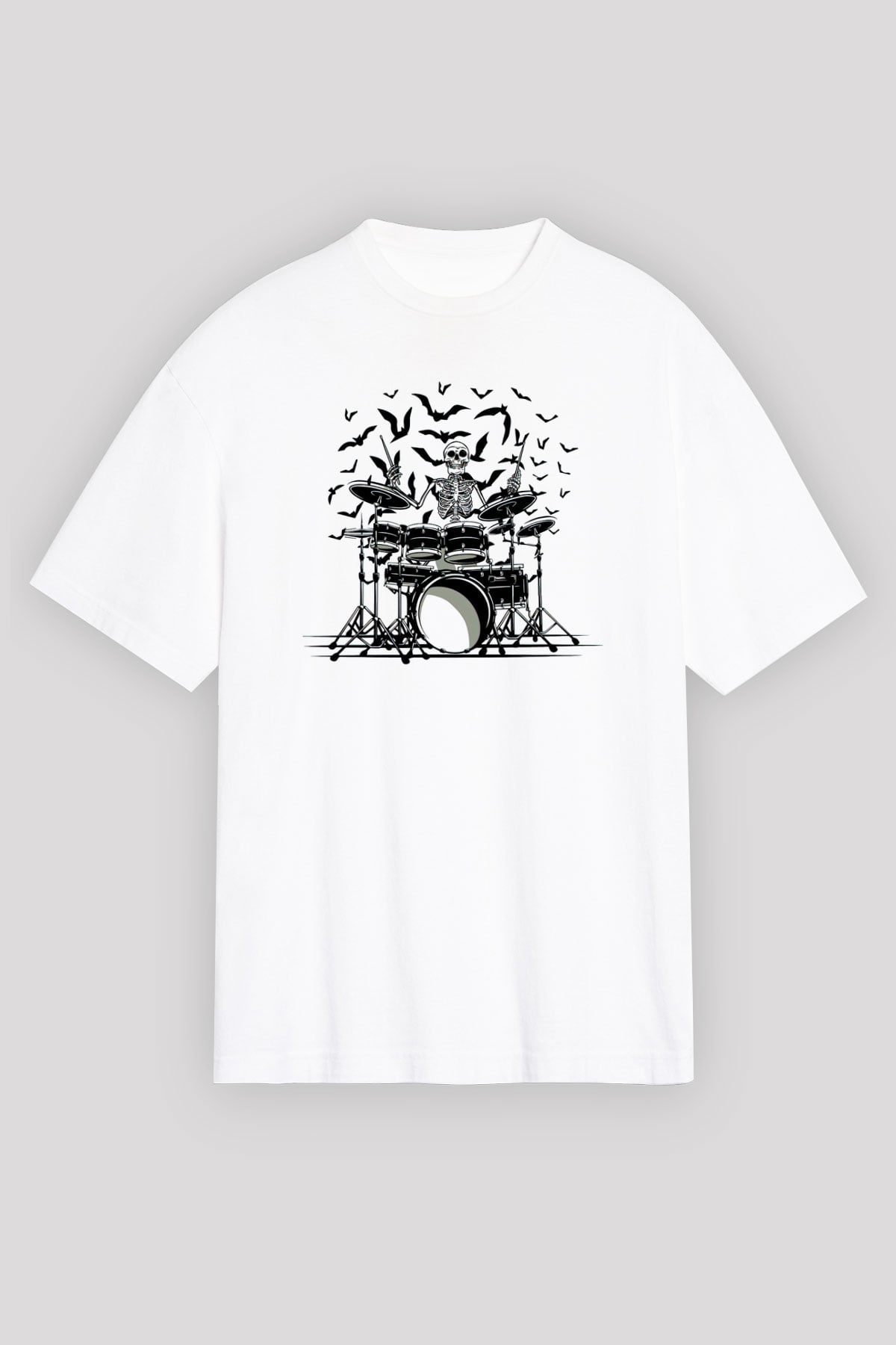 Baterist İskelet Baskılı Unisex Beyaz Tişört
