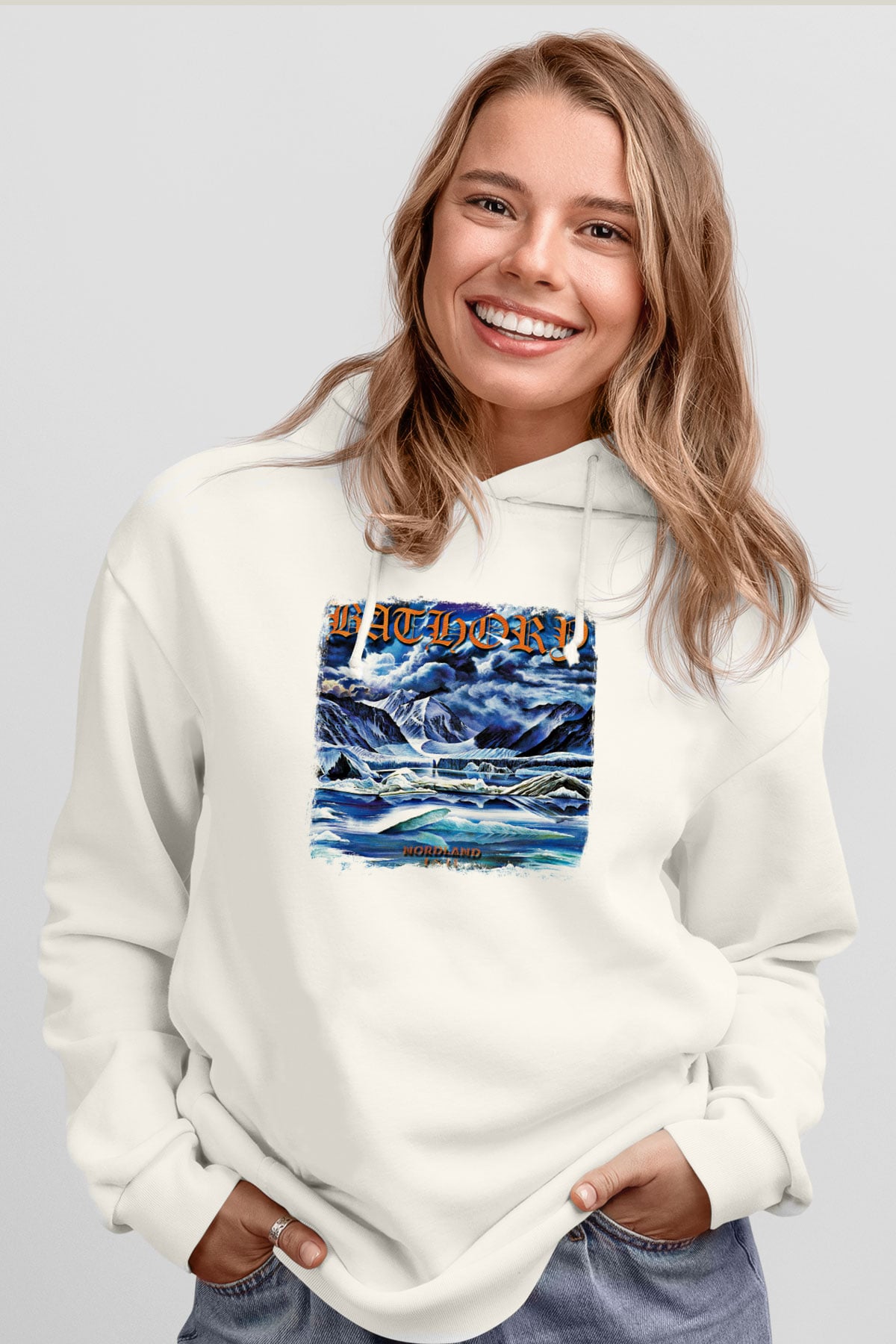Bathory Baskılı Unisex Beyaz Hoodie