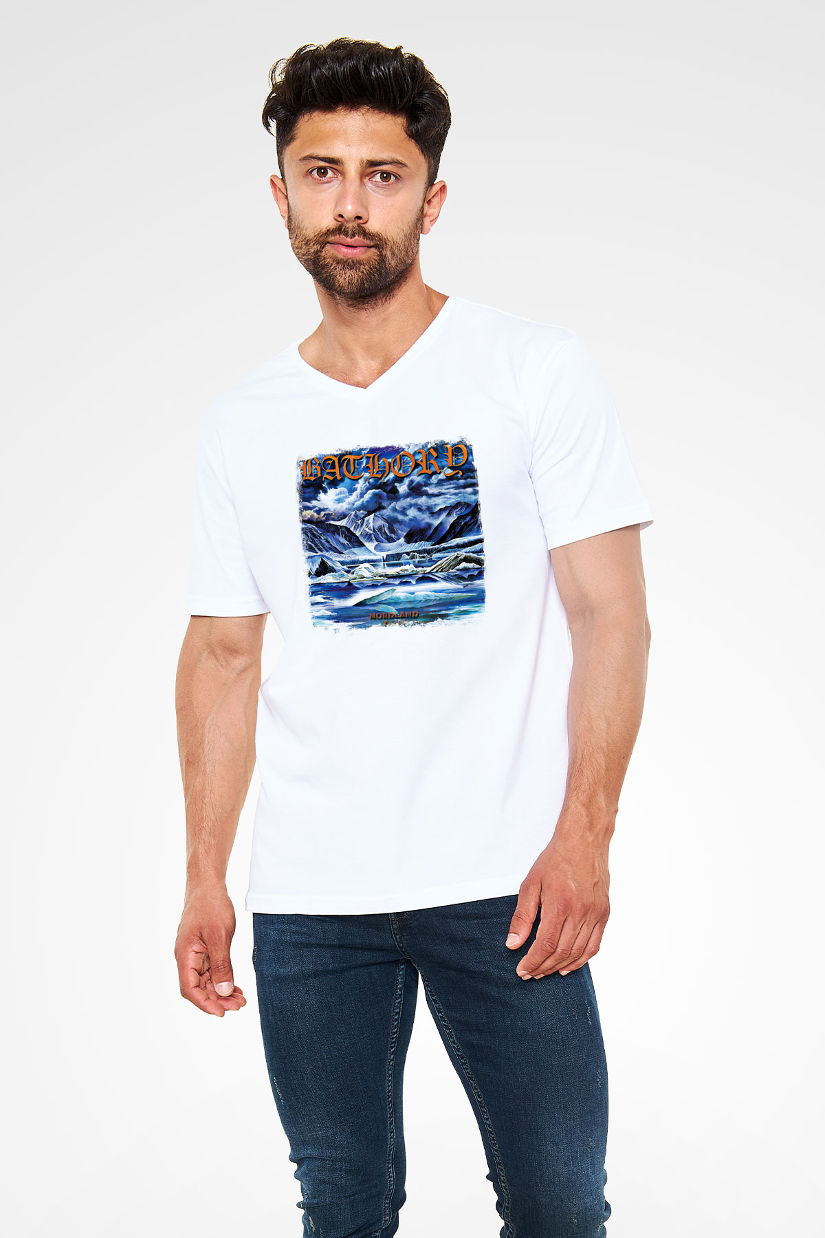 Bathory Baskılı Unisex Beyaz V Yaka Tişört