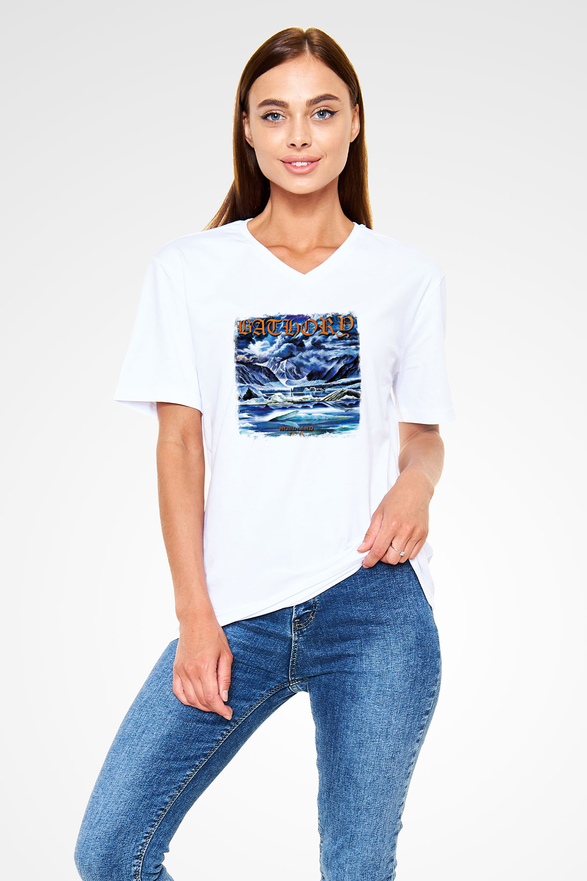 Bathory Baskılı Unisex Beyaz V Yaka Tişört