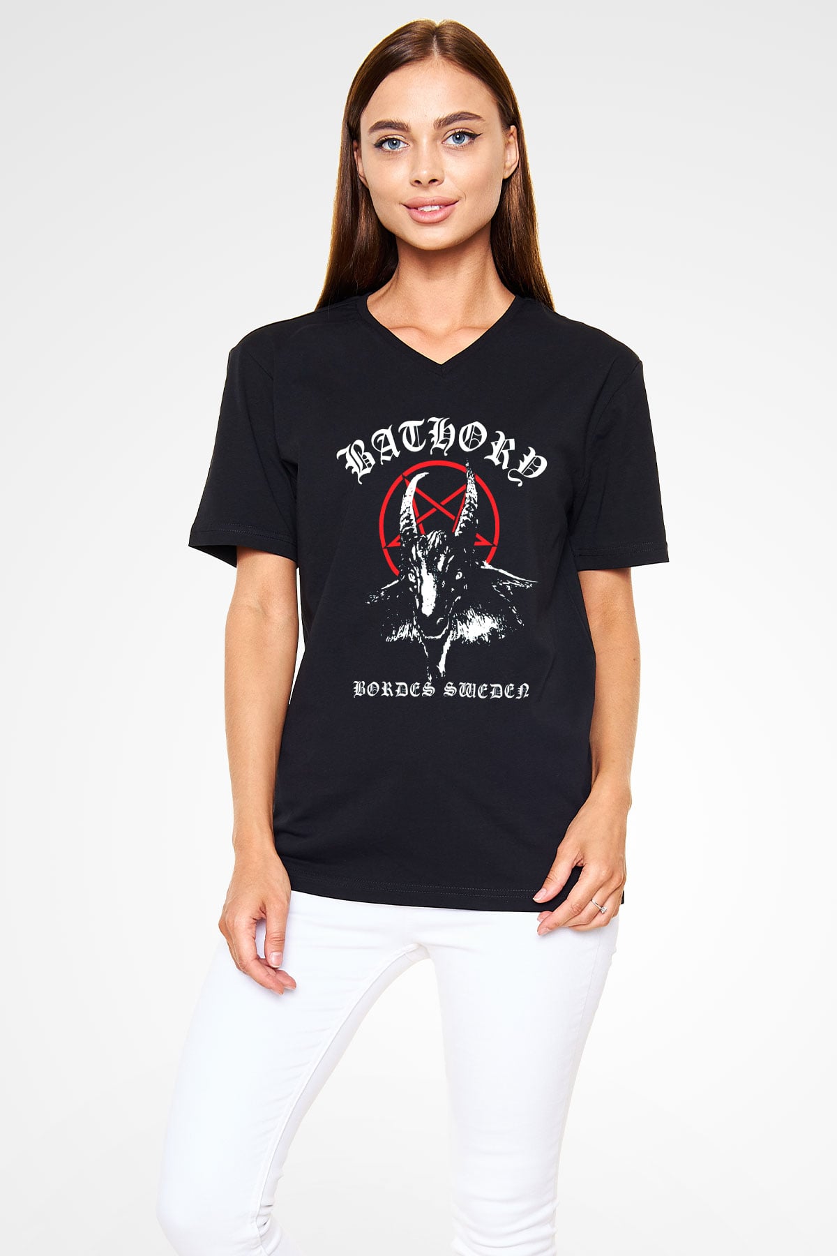 Bathory Siyah Unisex V Yaka Tişört T-Shirt