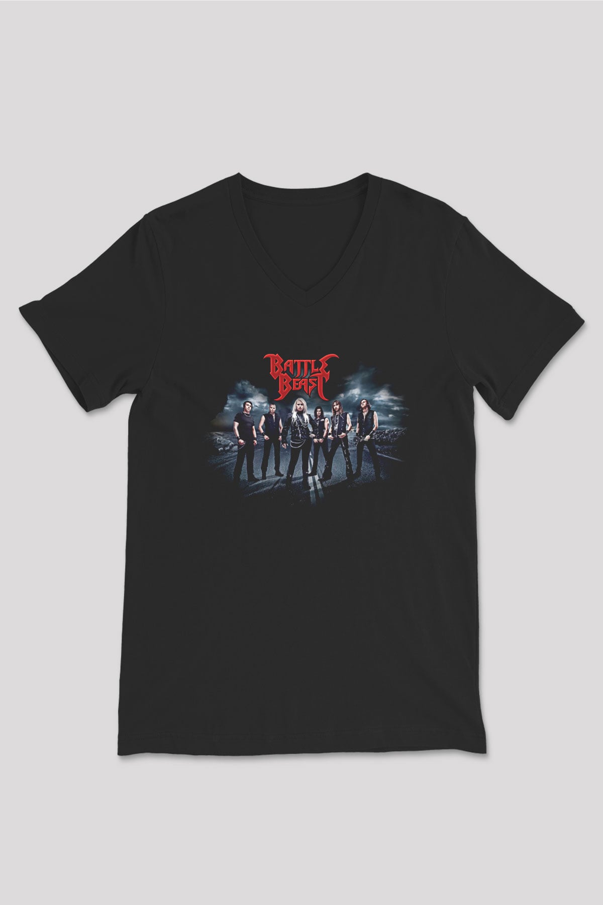 Battle Beast Baskılı Unisex Siyah V Yaka Tişört - Tshirt