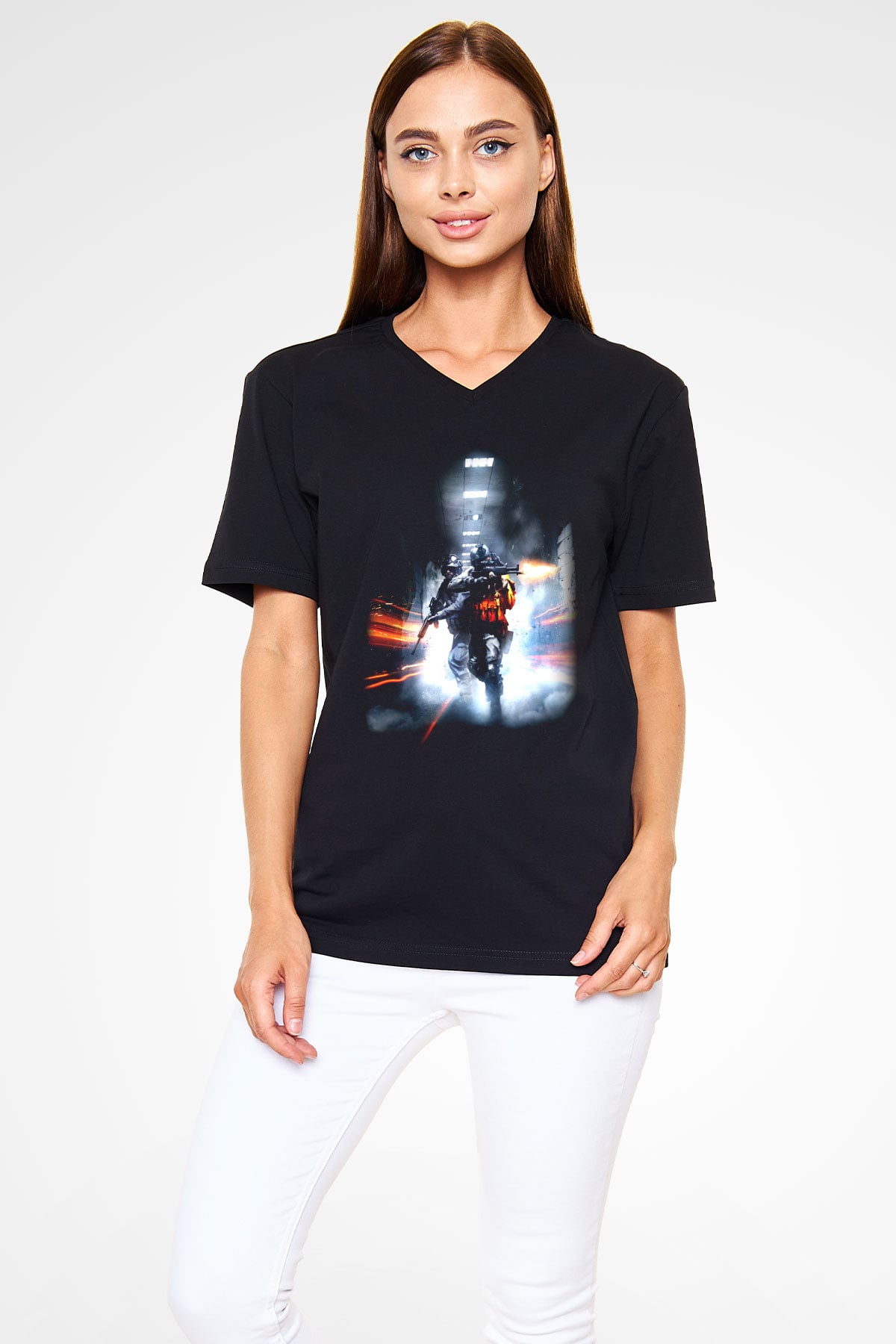 Battlefield Siyah Unisex V Yaka Tişört T-Shirt