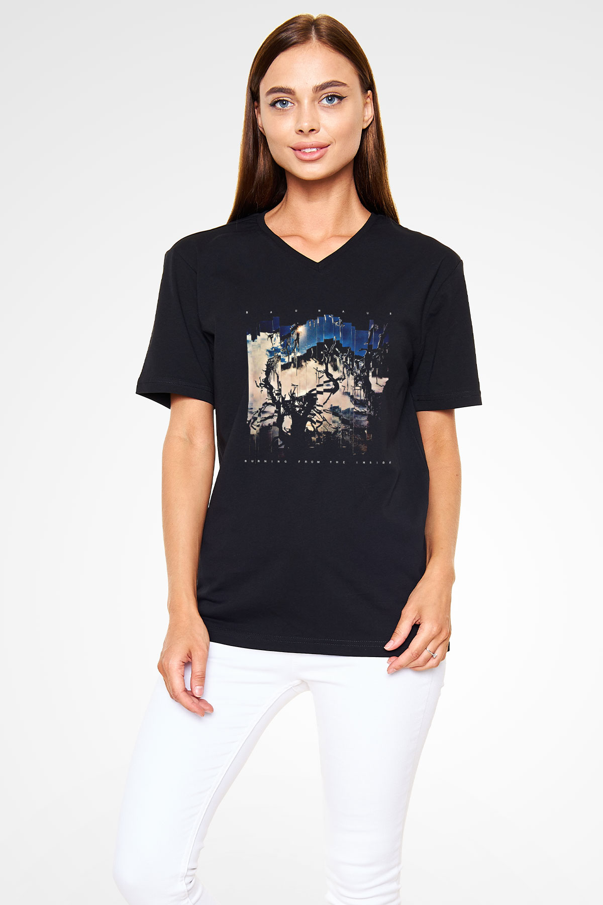 Bauhaus Baskılı Unisex Siyah V Yaka Tişört