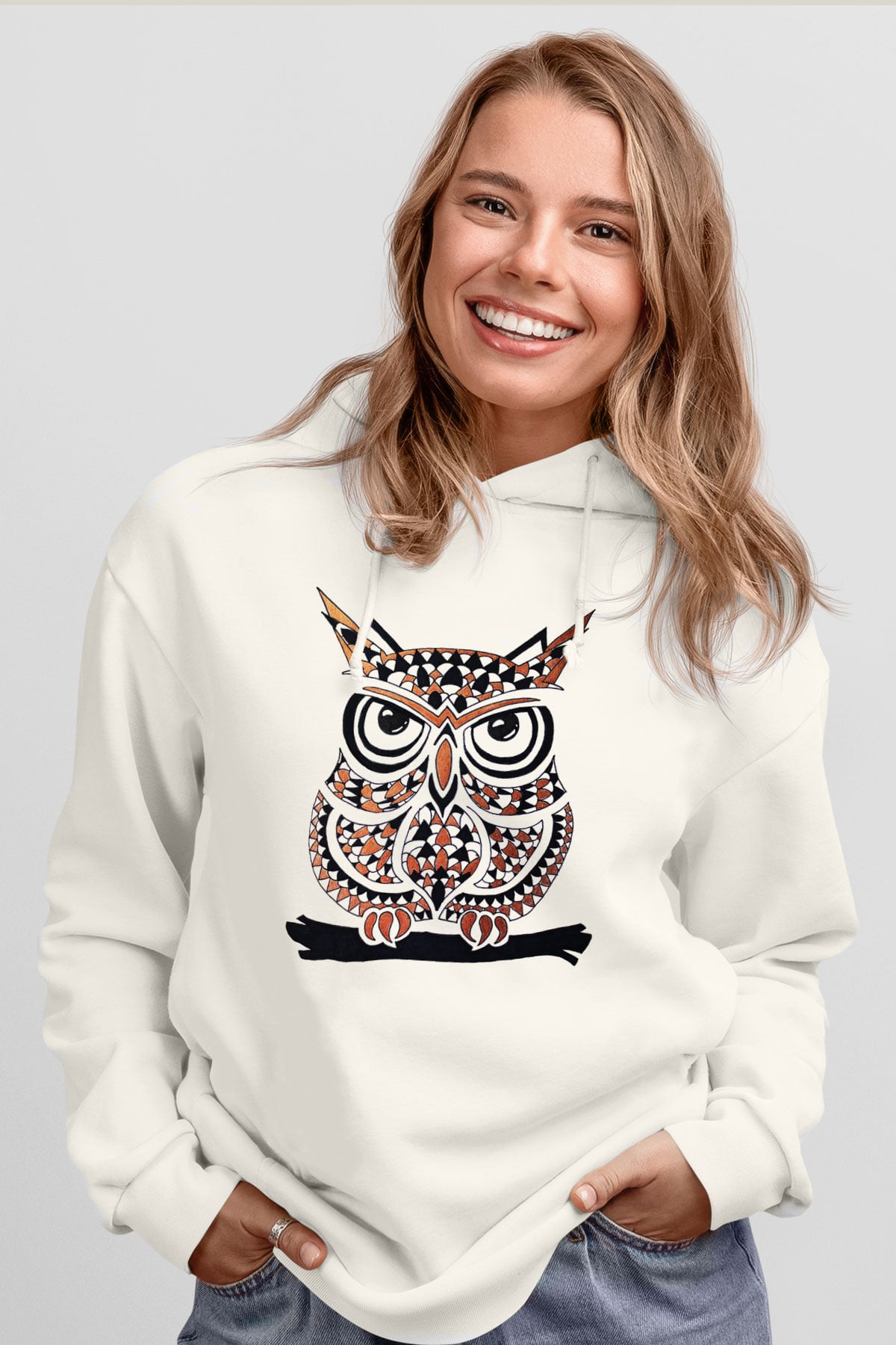 Baykuş Beyaz Unisex Kapşonlu Sweatshirt
