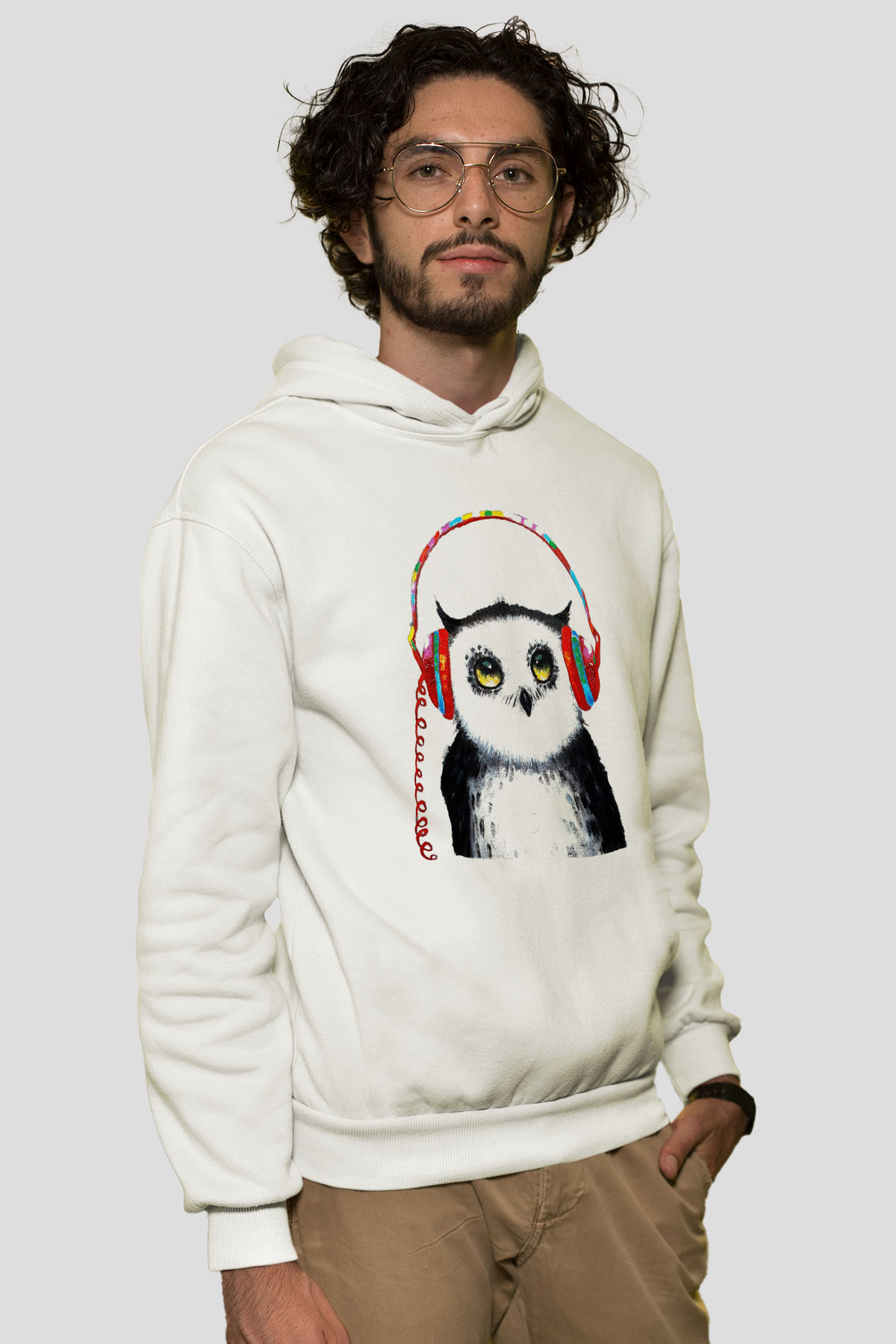 Baykuş Beyaz Unisex Kapşonlu Sweatshirt