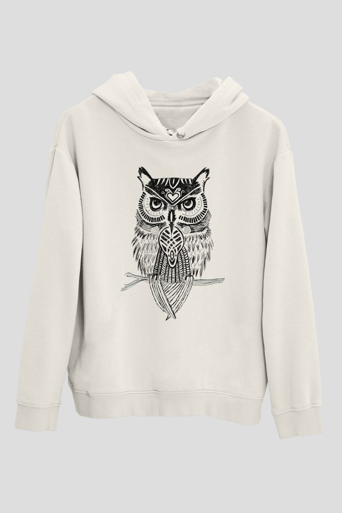 Baykuş Beyaz Unisex Kapşonlu Sweatshirt