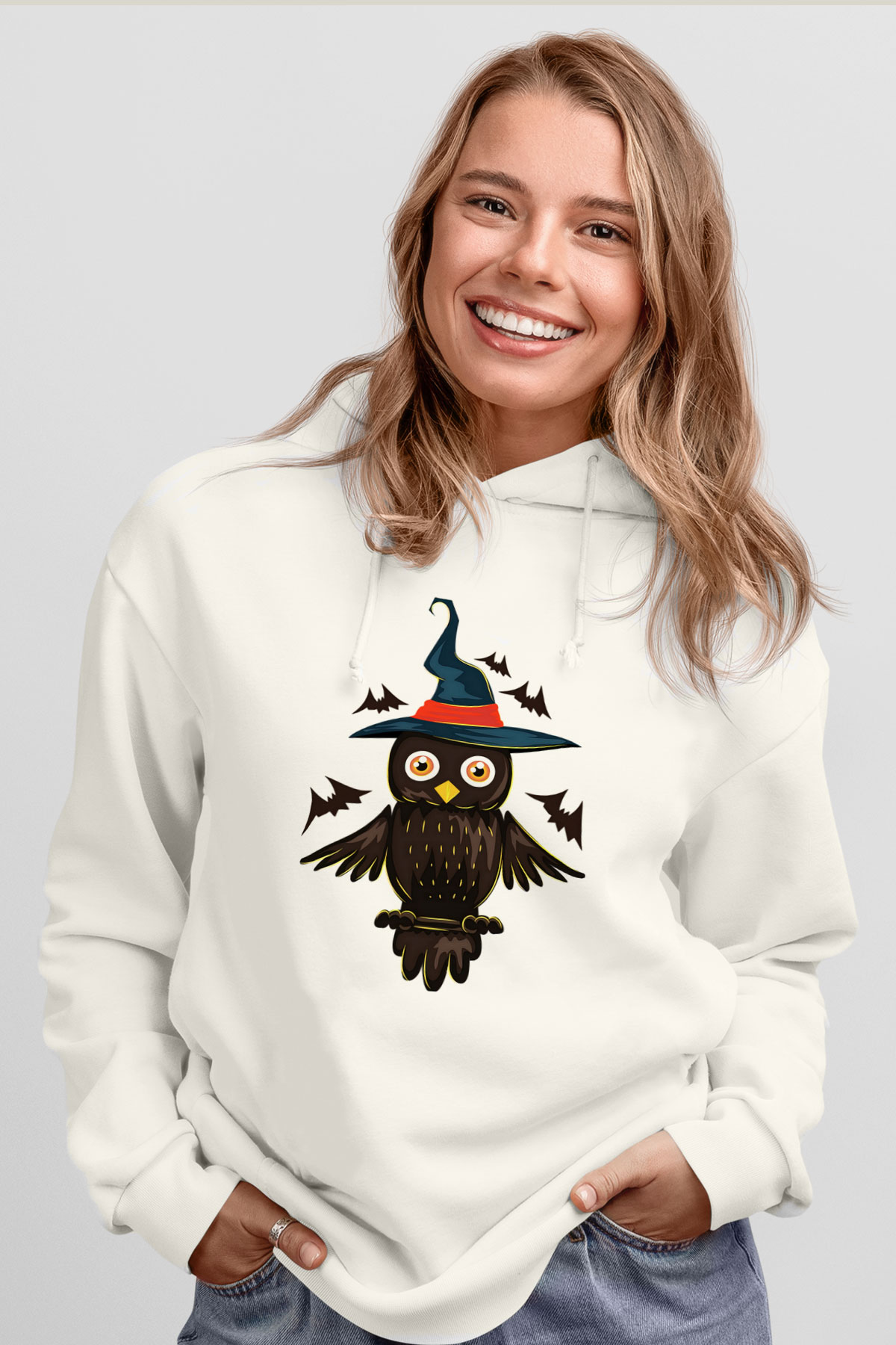 Baykuş Beyaz Unisex Kapşonlu Sweatshirt