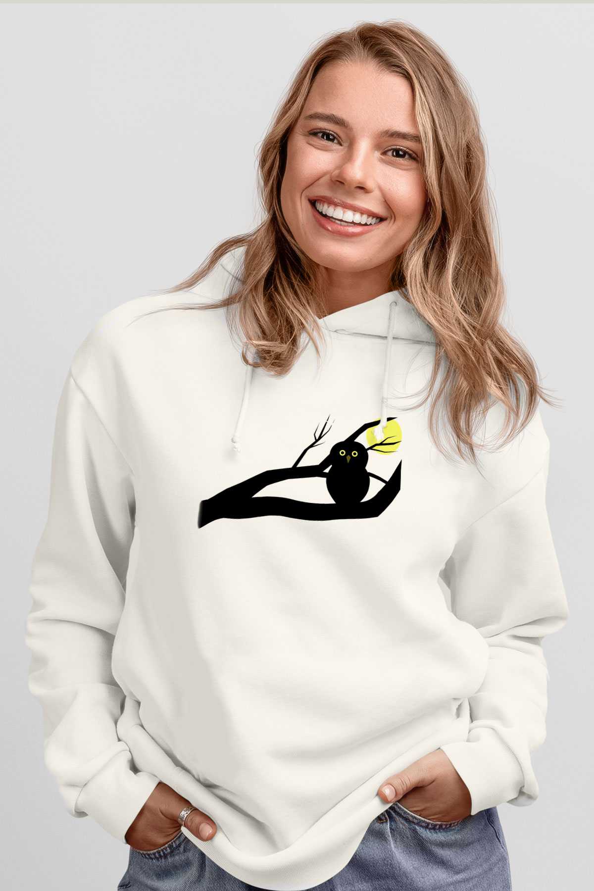 Baykuş Beyaz Unisex Kapşonlu Sweatshirt