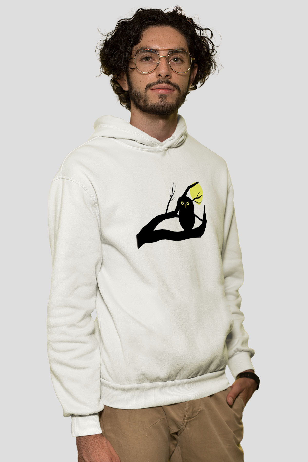 Baykuş Beyaz Unisex Kapşonlu Sweatshirt