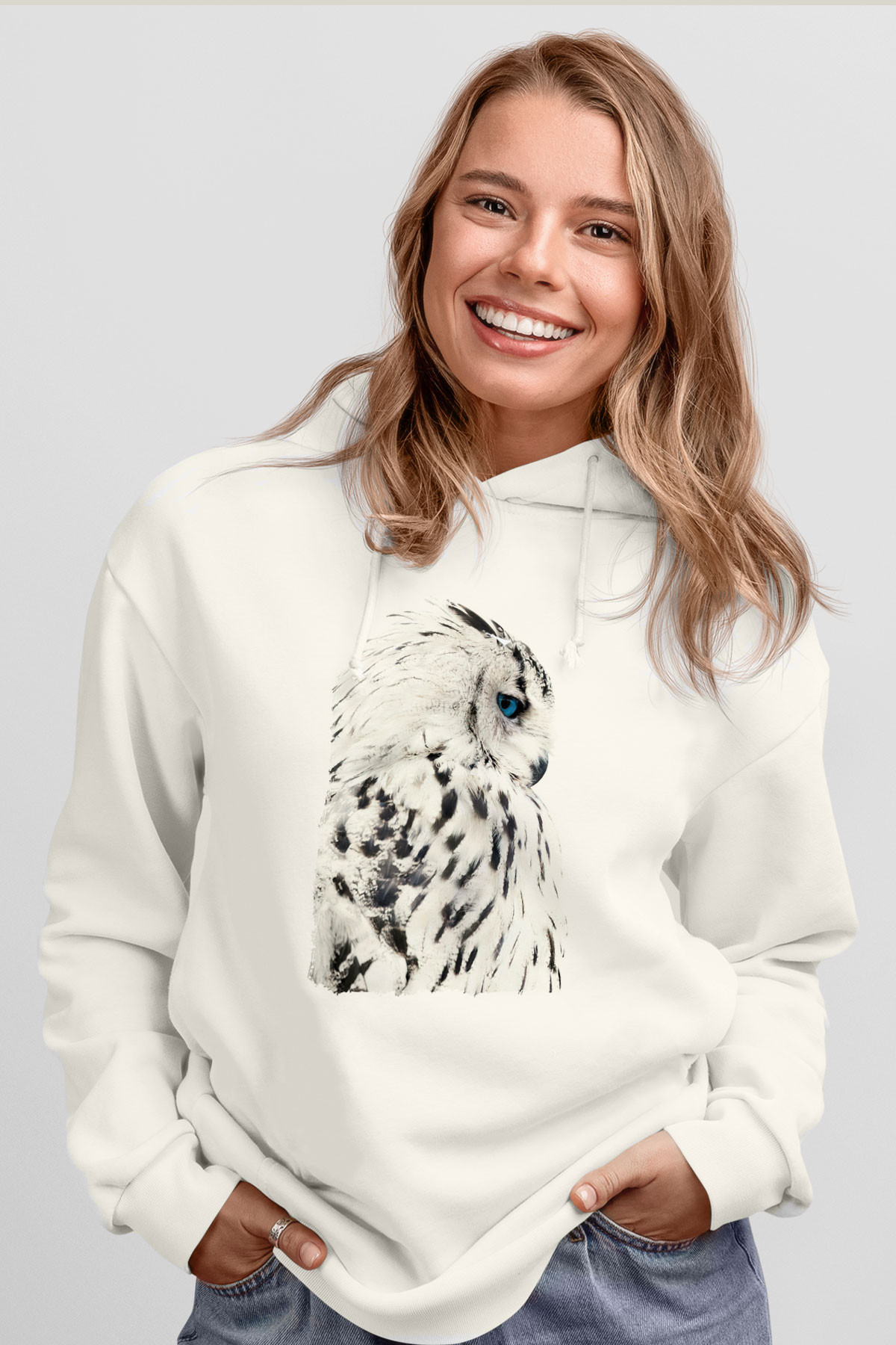 Baykuş Beyaz Unisex Kapüşonlu Sweatshirt