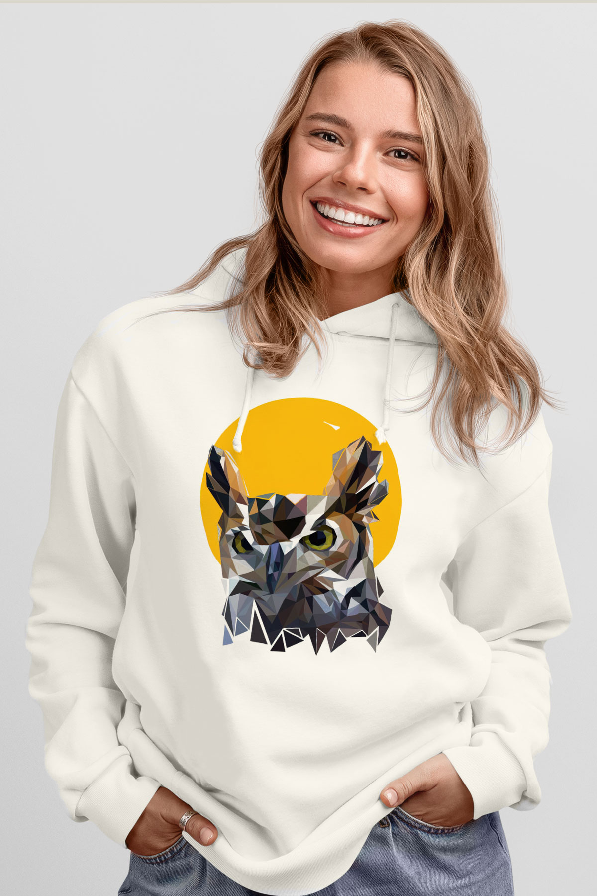 Baykuş Beyaz Unisex Kapüşonlu Sweatshirt