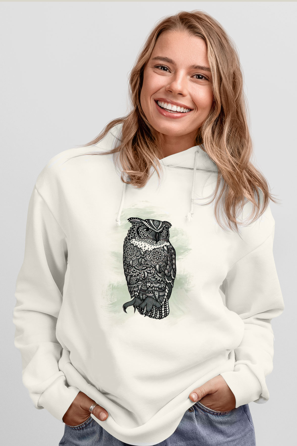 Baykuş Beyaz Unisex Kapüşonlu Sweatshirt