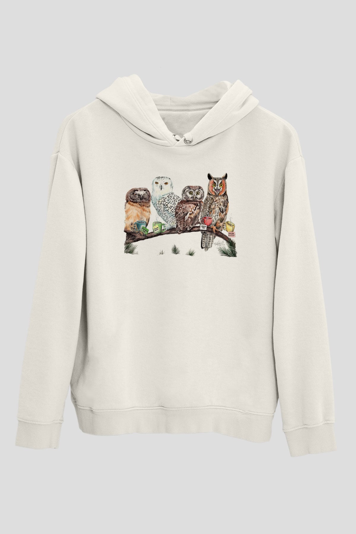 Baykuş Beyaz Unisex Kapüşonlu Sweatshirt