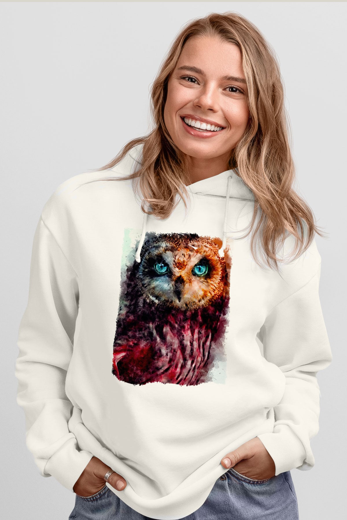 Baykuş Beyaz Unisex Kapüşonlu Sweatshirt