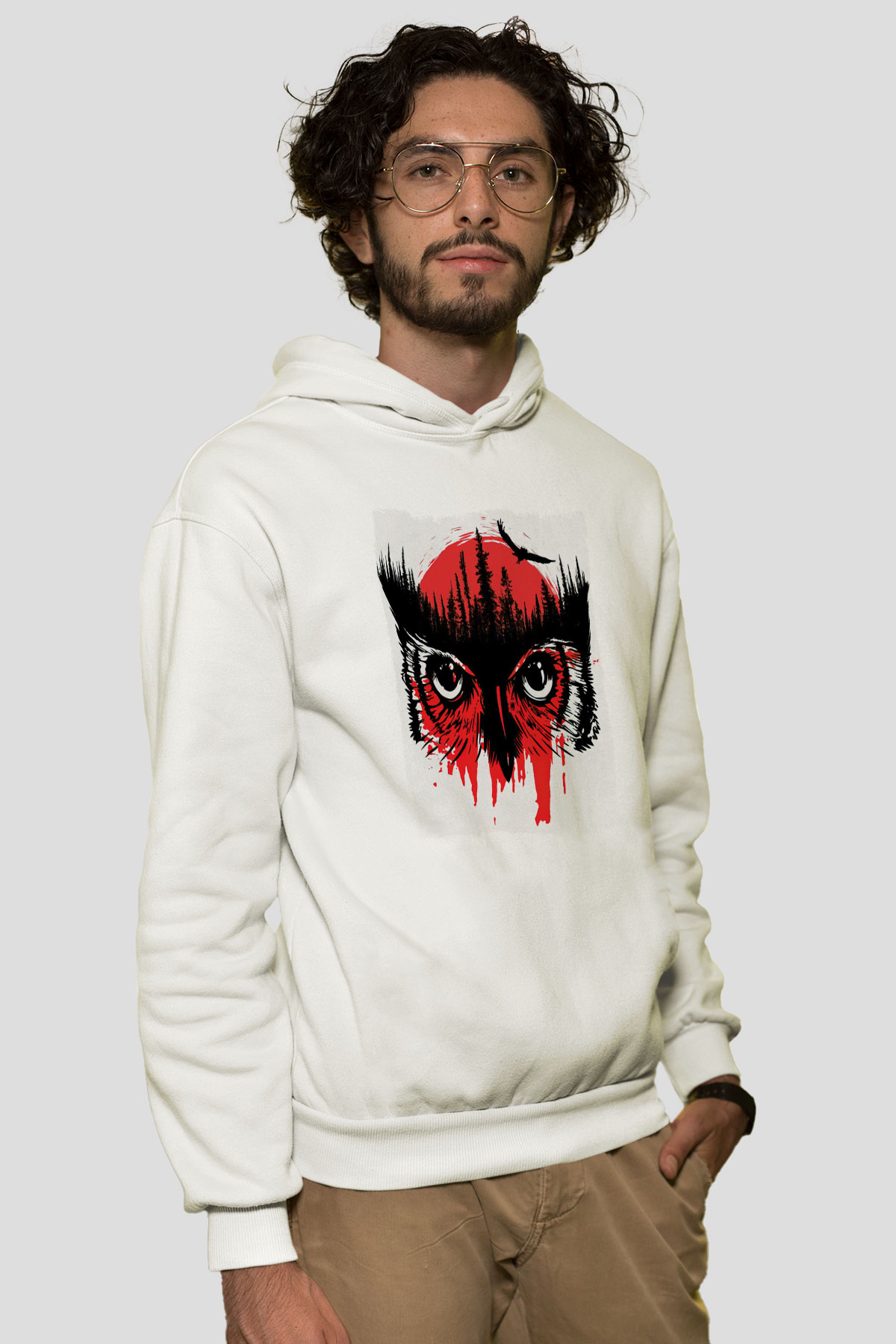 Baykuş Beyaz Unisex Kapüşonlu Sweatshirt