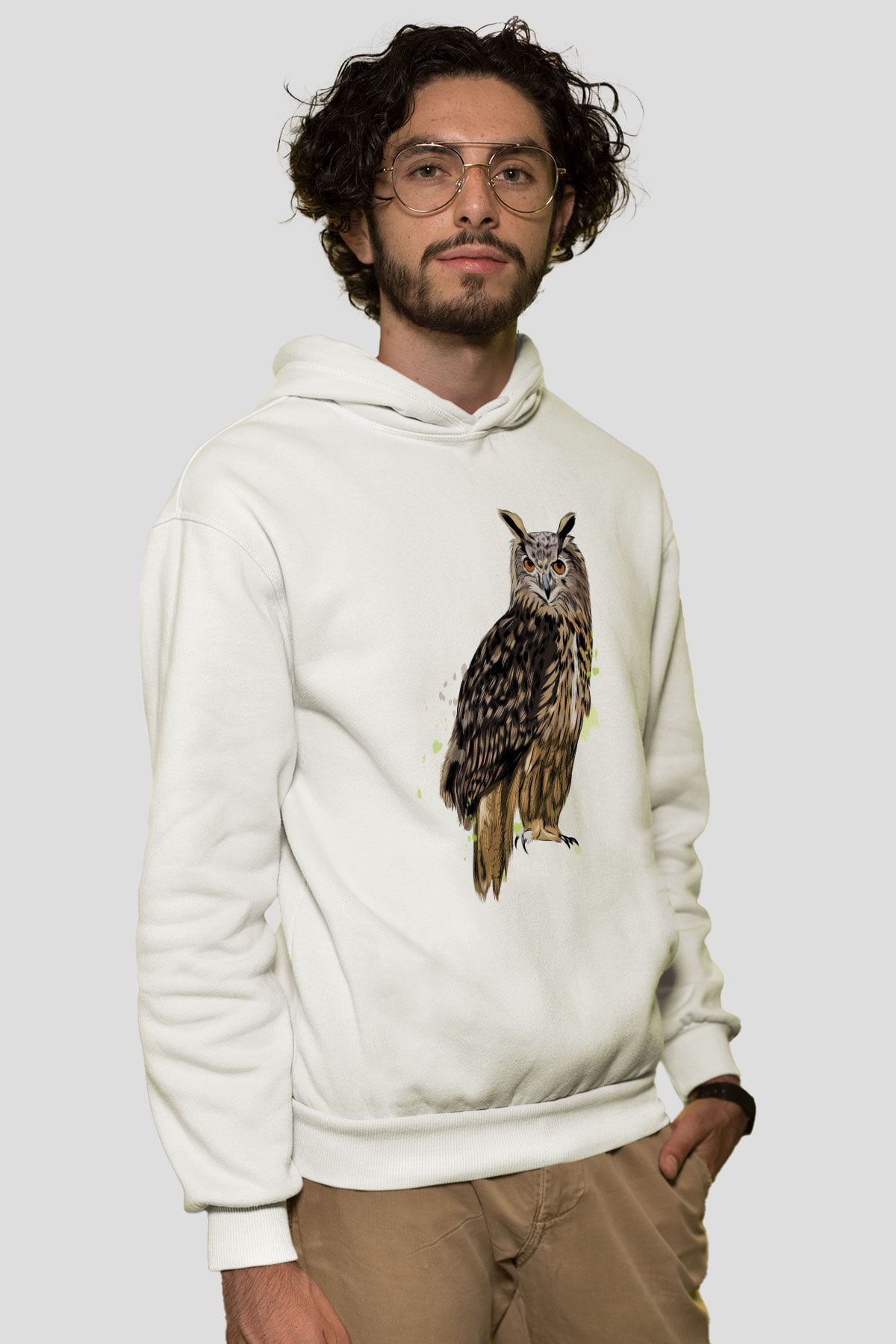 Baykuş Beyaz Unisex Kapüşonlu Sweatshirt