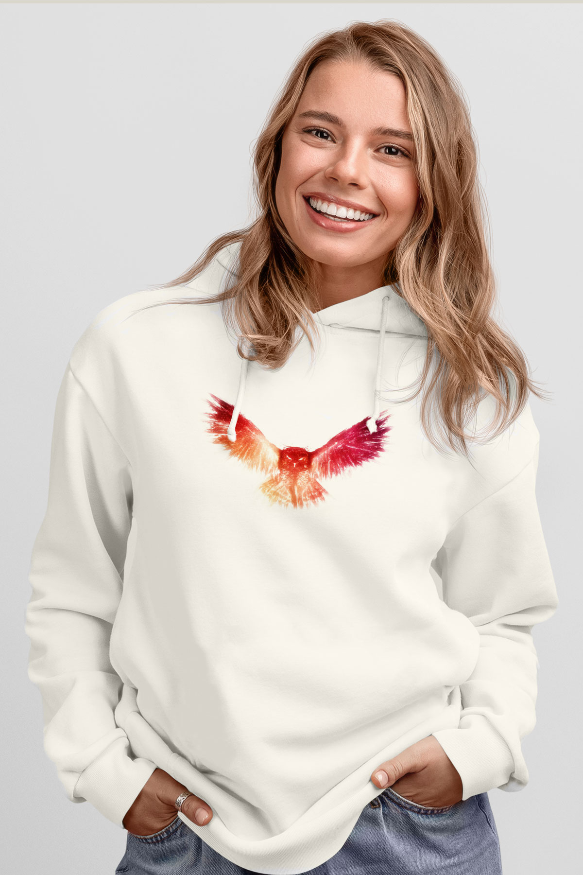 Baykuş Beyaz Unisex Kapüşonlu Sweatshirt