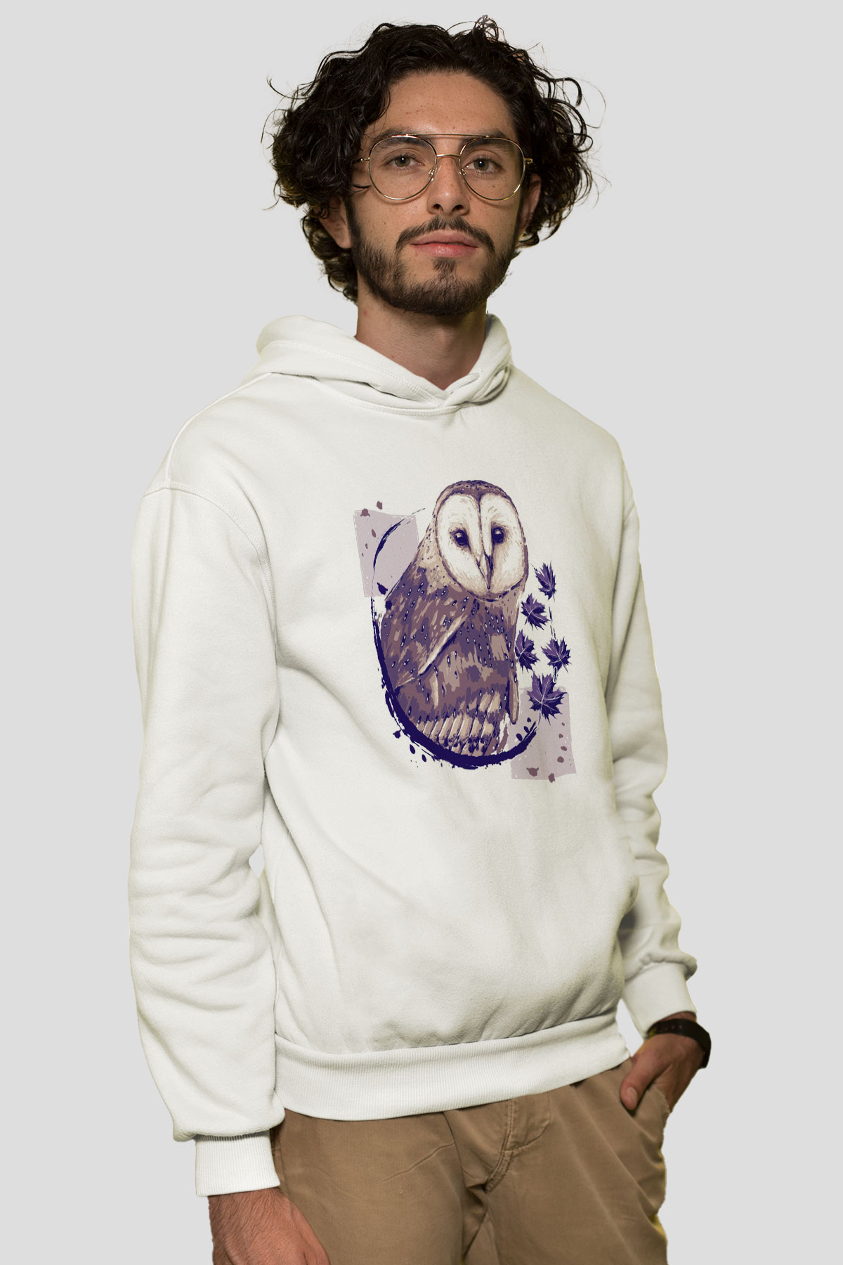 Baykuş Beyaz Unisex Kapüşonlu Sweatshirt