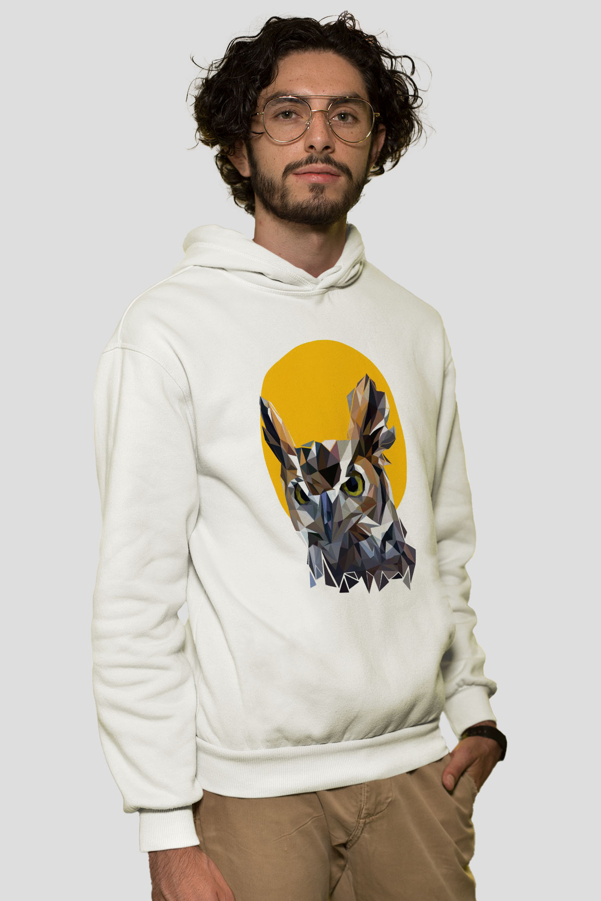 Baykuş Beyaz Unisex Kapüşonlu Sweatshirt