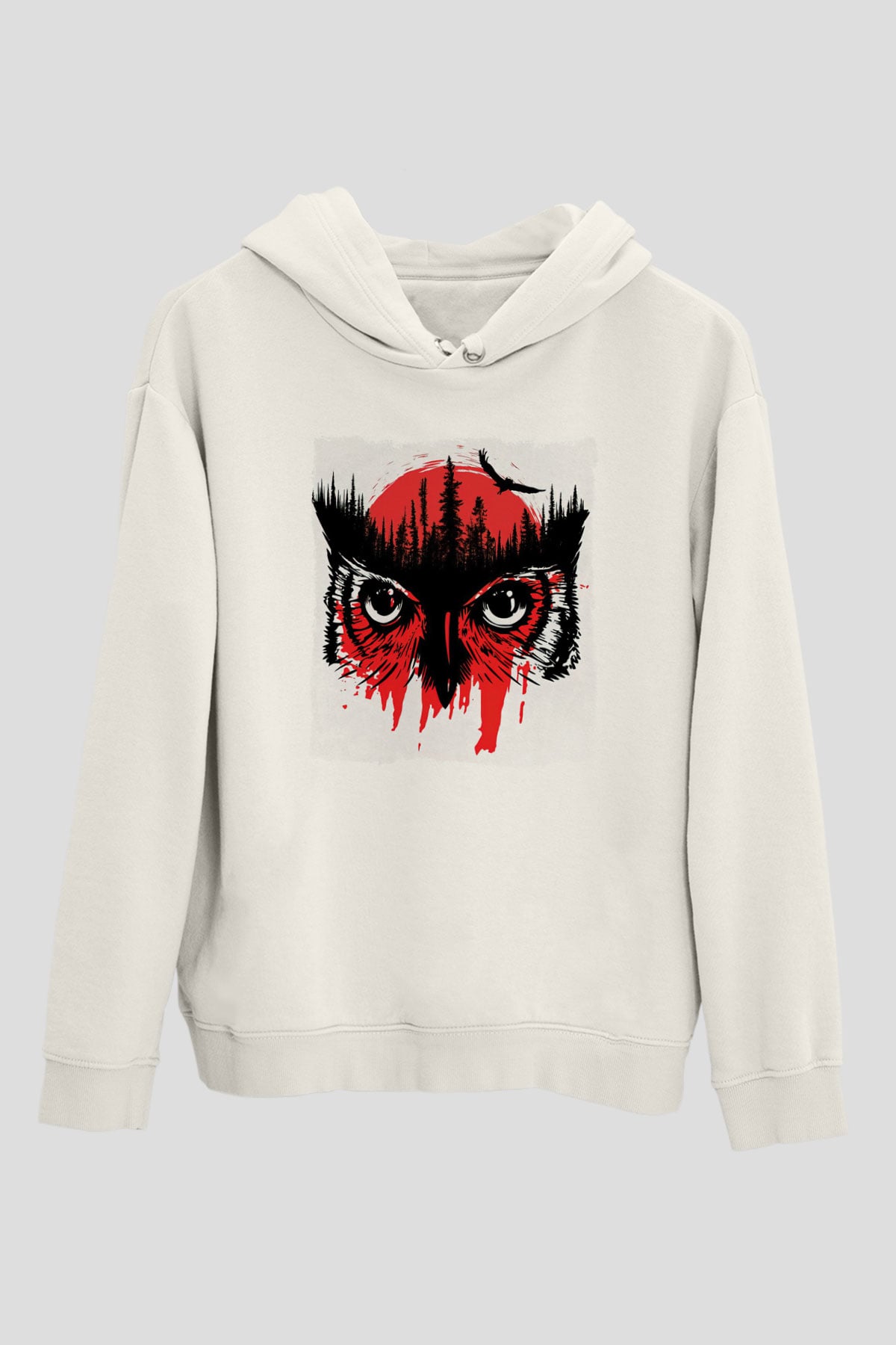 Baykuş Beyaz Unisex Kapüşonlu Sweatshirt
