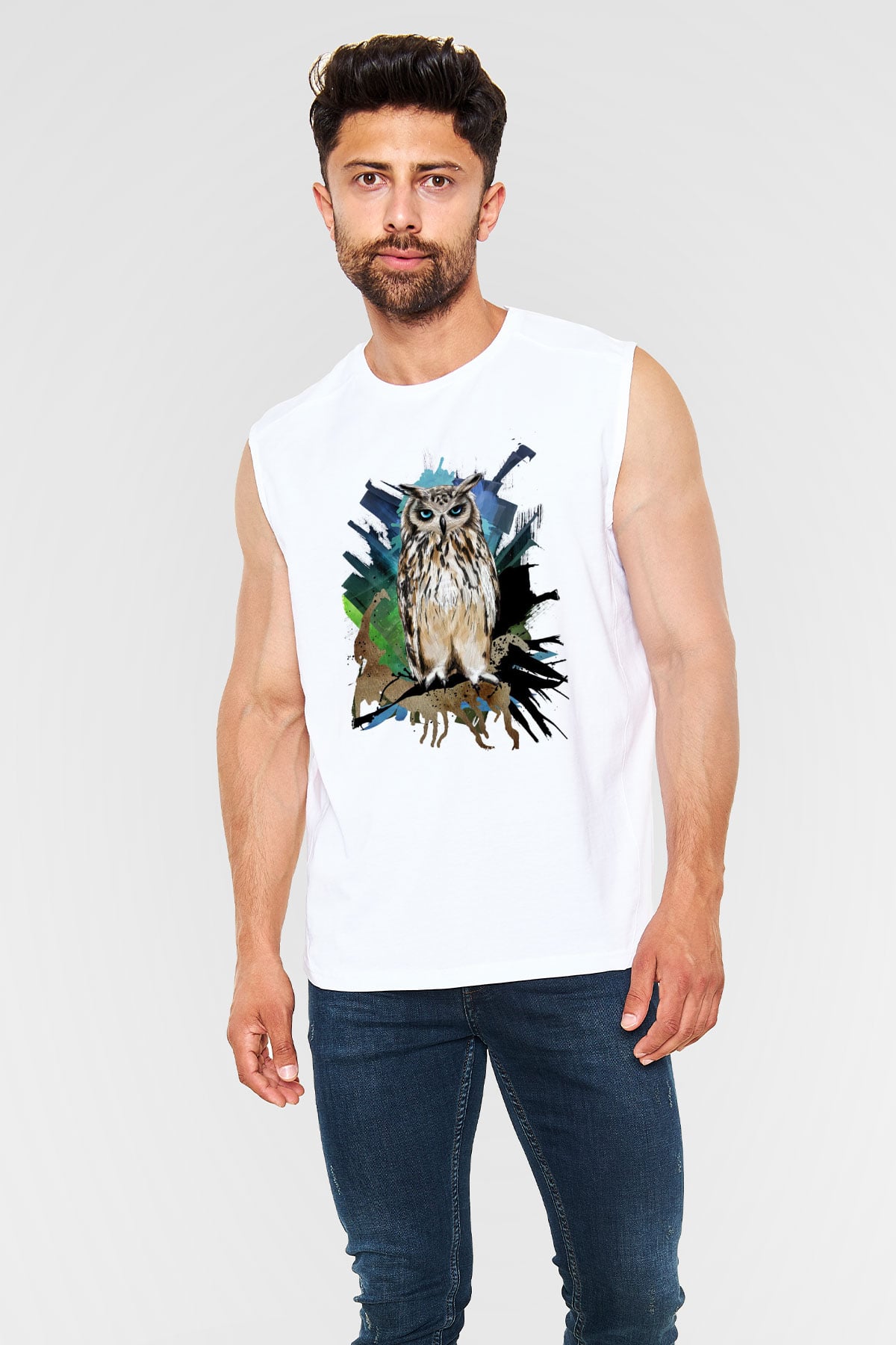 Baykuş Beyaz Unisex Kolsuz Tişört