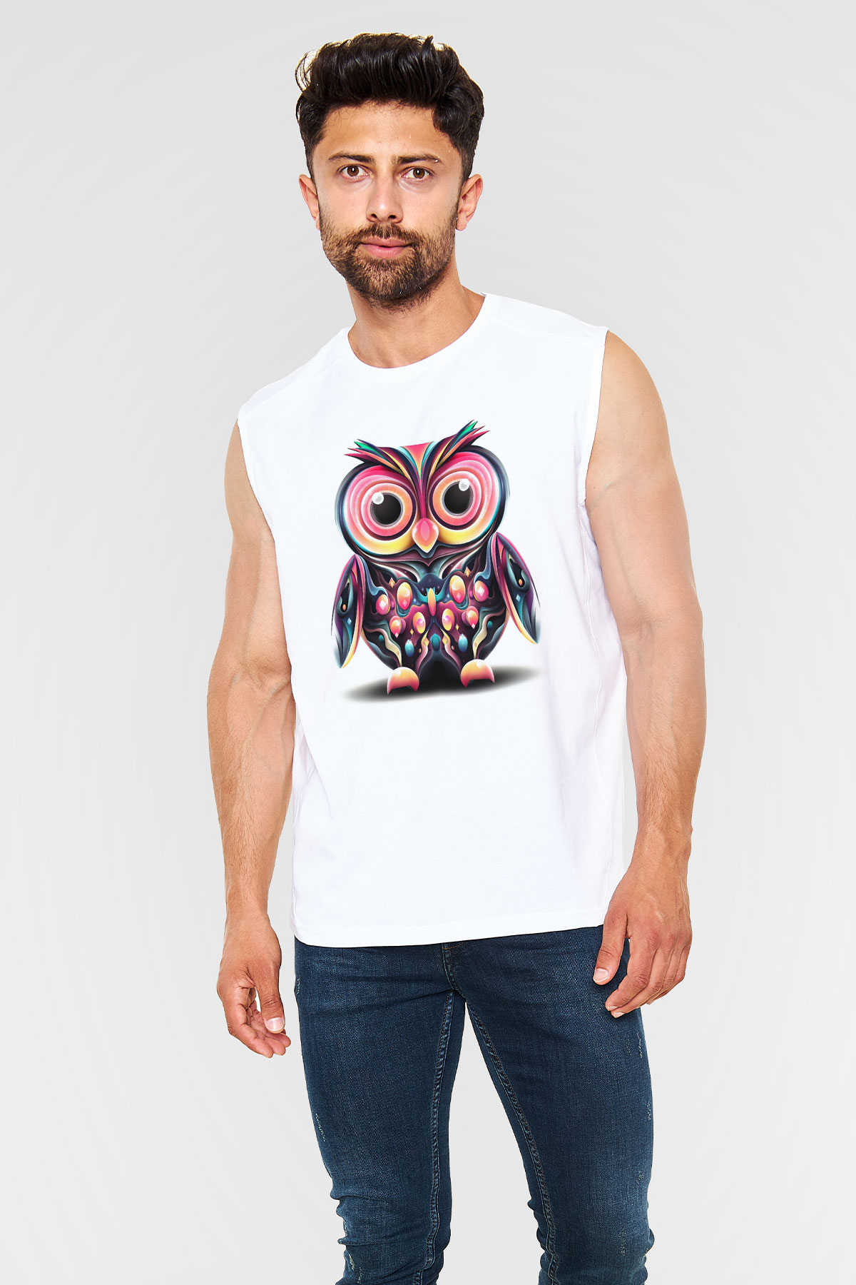 Baykuş Beyaz Unisex Kolsuz Tişört