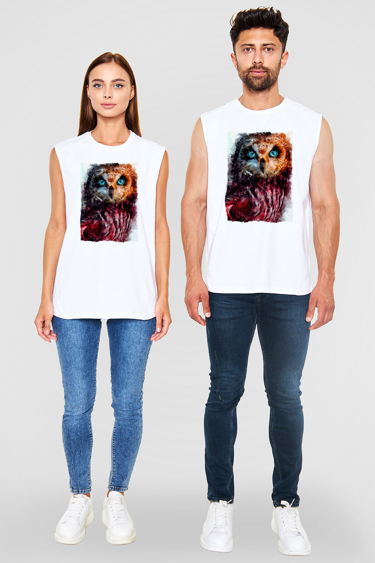 Baykuş Beyaz Unisex Kolsuz Tişört