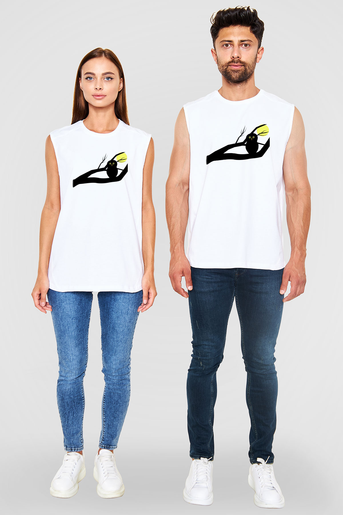 Baykuş Beyaz Unisex Kolsuz Tişört